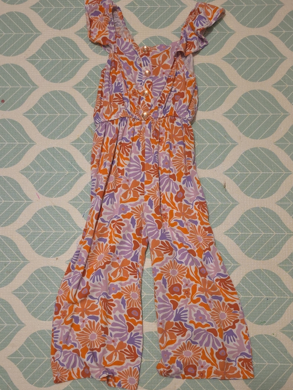 Vince Camuto Orange and Lavender Floral Ruffle-Strap Jumpsuit